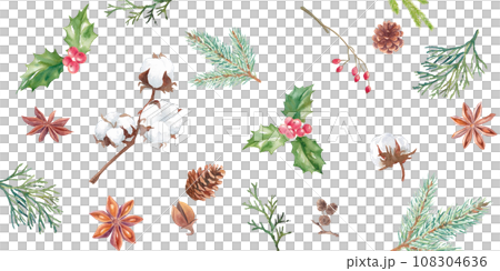冬の自然素材の水彩イラスト。クリスマスのバナー背景。パターン。 108304636