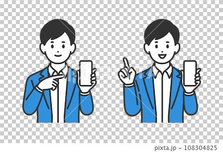 スマホを持ちながら指差しポーズをするビジネスパーソン男性のセット【人物ベクターイラスト素材】 スマホを持ちながら指差しポーズをするビジネスパーソン男性のセット【人物ベクターイラスト素材】 108304825