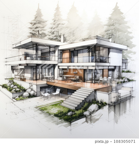 Generative ai illustration of design plan for house. Architect sketch Generative ai illustration of design plan for house. Architect sketch 108305071