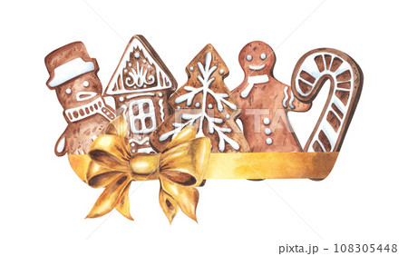 Golde bow with Gingerbread man, house, snowman, cone,snowflake. Christmas ginger cookies. Watercolor hand drawn illustration isolated on white background. For advertising, flyers, design Golde bow with Gingerbread man, house, snowman, cone,snowflake. Christmas ginger cookies. Watercolor hand drawn illustration isolated on white background. For advertising, flyers, design 108305448