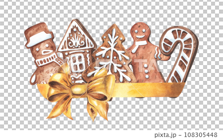 Golde bow with Gingerbread man, house, snowman, cone,snowflake. Christmas ginger cookies. Watercolor hand drawn illustration isolated on white background. For advertising, flyers, design Golde bow with Gingerbread man, house, snowman, cone,snowflake. Christmas ginger cookies. Watercolor hand drawn illustration isolated on white background. For advertising, flyers, design 108305448