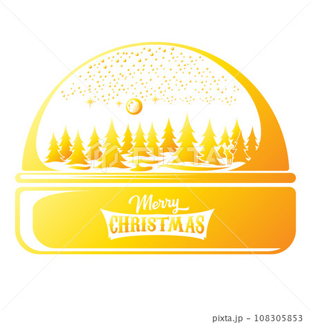 Merry Christmas greeting card with Christmas snowball or snow globe golden silhouette icon with xmas tree, sky, moon, deer and greeting christmas text isolated on white christmas background. 108305853