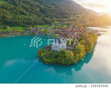Aerial top view of garden park with green mangrove forest trees, river, pond or lake. Nature landscape background, iseltwald, Switzerland. 108305880