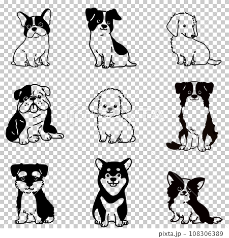 Simple and cute illustration set of various sitting dogs. Only the main lines are white. 108306389