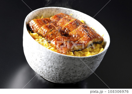 錦糸玉子と鰻の蒲焼きの熱々丼ぶりを黒背景で撮影 錦糸玉子と鰻の蒲焼きの熱々丼ぶりを黒背景で撮影 108306976