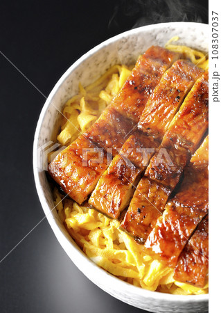 錦糸玉子と鰻の蒲焼きの熱々丼ぶりを黒背景で俯瞰撮影 108307037
