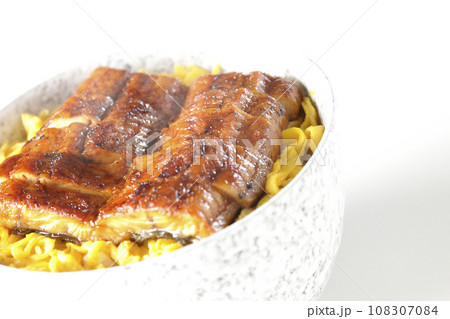 錦糸玉子と鰻の蒲焼きの熱々丼ぶりを白背景で撮影 錦糸玉子と鰻の蒲焼きの熱々丼ぶりを白背景で撮影 108307084