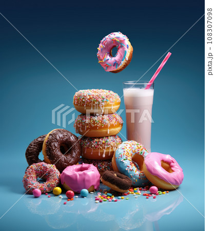 Ai generation. Donuts and a glass of pink milkshake on a blue background. Sweets concept. 108307098