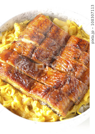 錦糸玉子と鰻の蒲焼きの熱々丼ぶりを白背景で俯瞰撮影 錦糸玉子と鰻の蒲焼きの熱々丼ぶりを白背景で俯瞰撮影 108307113