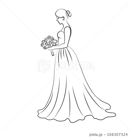 Bride in a wedding dress with a bouquet of flowers on a white background. Line art, sketch, contour drawing, vector Bride in a wedding dress with a bouquet of flowers on a white background. Line art, sketch, contour drawing, vector 108307324