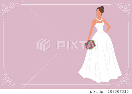 Bride in a white wedding dress with a bouquet of flowers. Luxury wedding banner template for invitation. Illustration, vector 108307336
