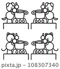 鍋料理をするわんまるとにゃんまるの線画セット 犬 猫 鍋料理をするわんまるとにゃんまるの線画セット 犬 猫 108307340