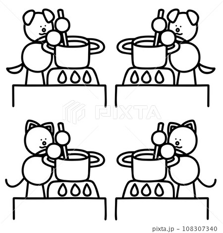 鍋料理をするわんまるとにゃんまるの線画セット 犬 猫 鍋料理をするわんまるとにゃんまるの線画セット 犬 猫 108307340