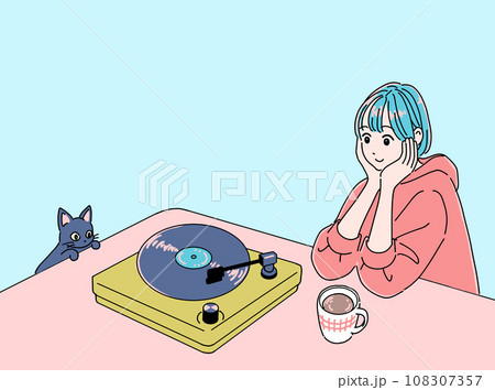 レコードを聴く女の子と猫 108307357