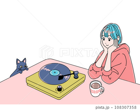 レコードを聴く女の子と猫 108307358