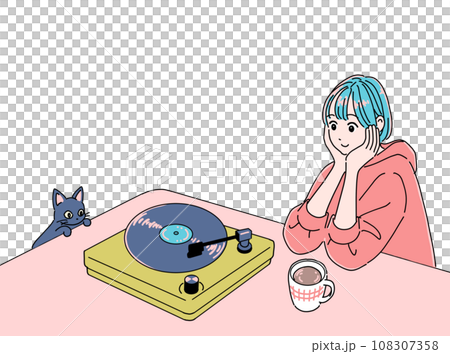 レコードを聴く女の子と猫 108307358