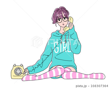電話をする80年代アニメ風の女の子 108307364