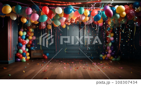 Colorful party room with balloons and streamers Make your party more fun and cheerful with this photo of a cozy room with balloons, streamers, and confetti. 108307434