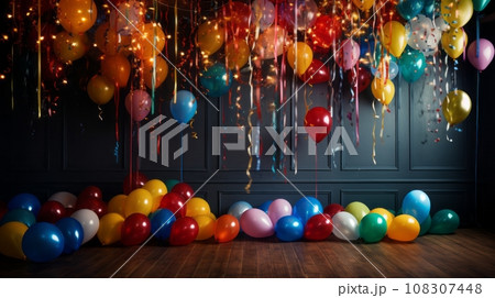 Colorful party room with sofa and balloons Make your party more fun and cheerful with this photo of a cozy room with a sofa, balloons, streamers, and confetti. 108307448