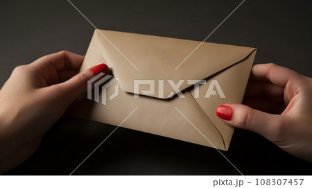 Hands holding a closed envelope Express the importance and mystery of your message with this photo of hands holding a closed envelope on a black background. 108307457