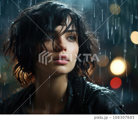 Generative ai illustration of Short-haired woman under rain 108307685
