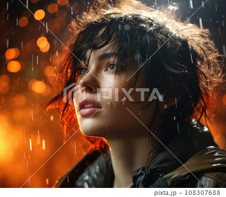 Generative ai illustration of Short-haired woman under rain Generative ai illustration of Short-haired woman under rain 108307688