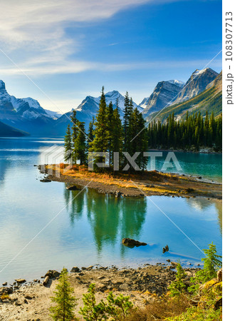 Beautiful Spirit Island in Maligne Lake, Jasper National Park, Alberta, Canada Beautiful Spirit Island in Maligne Lake, Jasper National Park, Alberta, Canada 108307713