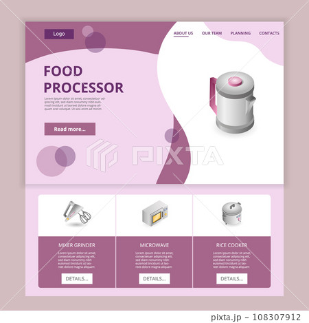 Electric kettle flat landing page website template. Mixer grinder, microwave, rice cooker. Web banner with header, content and footer. Vector illustration. Electric kettle flat landing page website template. Mixer grinder, microwave, rice cooker. Web banner with header, content and footer. Vector illustration. 108307912