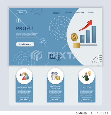 Profit flat landing page website template. Investment risk, investment duration, decision. Web banner with header, content and footer. Vector illustration. Profit flat landing page website template. Investment risk, investment duration, decision. Web banner with header, content and footer. Vector illustration. 108307931