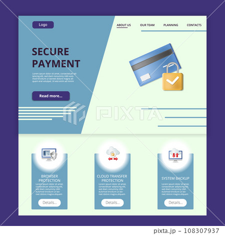 Secure payment flat landing page website template. Browser protection, cloud transfer protection, system backup. Web banner with header, content and footer. Vector illustration. 108307937
