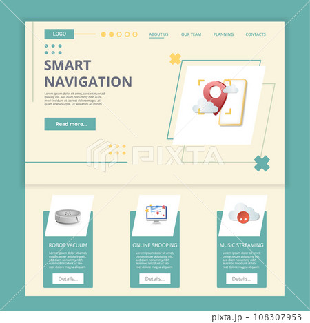 Smart navigation flat landing page website template. Robot vacuum, online shopping, music streaming. Web banner with header, content and footer. Vector illustration. Smart navigation flat landing page website template. Robot vacuum, online shopping, music streaming. Web banner with header, content and footer. Vector illustration. 108307953
