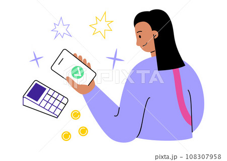Cashless nfc payment hand drawn composition, woman makes contactless pay with smartphone, customer uses payment terminal in shop, shopping technology, vector illustration of cartoon character Cashless nfc payment hand drawn composition, woman makes contactless pay with smartphone, customer uses payment terminal in shop, shopping technology, vector illustration of cartoon character 108307958