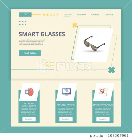 Smart glasses flat landing page website template. Artificial intelligence, online shopping, smart navigation. Web banner with header, content and footer. Vector illustration. Smart glasses flat landing page website template. Artificial intelligence, online shopping, smart navigation. Web banner with header, content and footer. Vector illustration. 108307961