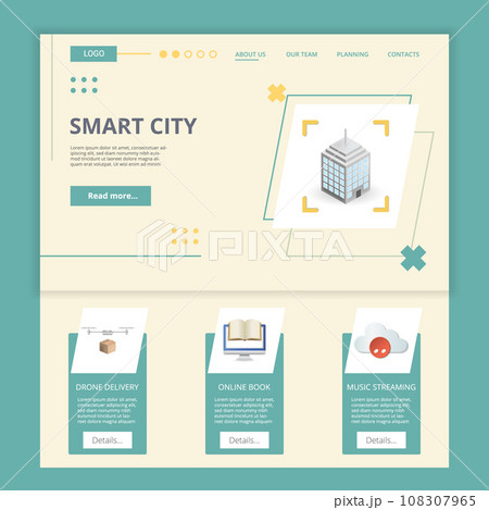 Smart city flat landing page website template. Drone delivery, online book, music streaming. Web banner with header, content and footer. Vector illustration. 108307965