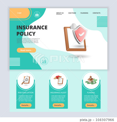 Insurance policy flat landing page website template. Risk evaluation, insurance audit, funeral. Web banner with header, content and footer. Vector illustration. 108307966