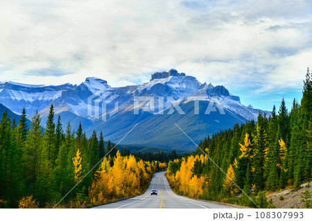The road 93 beautiful "Icefield Parkway" in Autumn Jasper National park,Canada 108307993