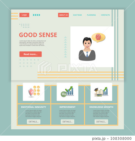Good sense flat landing page website template. Emotional immunity, improvement, knowledge growth. Web banner with header, content and footer. Vector illustration. Good sense flat landing page website template. Emotional immunity, improvement, knowledge growth. Web banner with header, content and footer. Vector illustration. 108308000