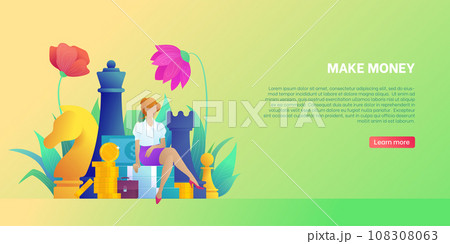Concept of making money, profit and business. Landing page template with young female character in office clothes. Big chess figures. Business woman earns money. Flower decor flat vector illustration 108308063