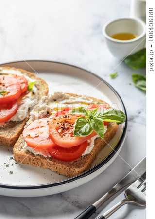 Sandwiches or toasts with tomatoes, cream cheese, olive oil and basil on a plate on white marble background. Traditional italian mediterranean food Sandwiches or toasts with tomatoes, cream cheese, olive oil and basil on a plate on white marble background. Traditional italian mediterranean food 108308080