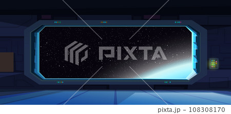 a futuristic spaceship wide window panoramic view 108308170