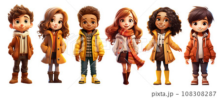 Cute Cartoon Realistic Happy Children Dressed in Autumn Clothes Characters Set 108308287