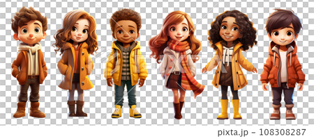 Cute Cartoon Realistic Happy Children Dressed in Autumn Clothes Characters Set 108308287