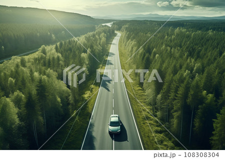 Aerial View of Green Forest with Car on Asphalt Road in Morning Light 108308304