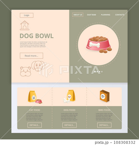 Dog bowl flat landing page website template. Cat food, dog food, bird food. Web banner with header, content and footer. Vector illustration. 108308332