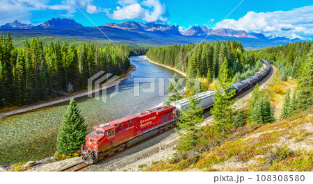 Train passing famous Morant's curve at Bow Valley in autumn ,Banff National Park, Canadian Rockies,Canada. 108308580
