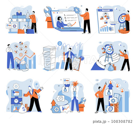Business development. Vector illustration. Marketing campaigns leverage social mediand digital platforms effectively Team management includes coaching and mentorship for growth Pursuing profession Business development. Vector illustration. Marketing campaigns leverage social mediand digital platforms effectively Team management includes coaching and mentorship for growth Pursuing profession 108308782