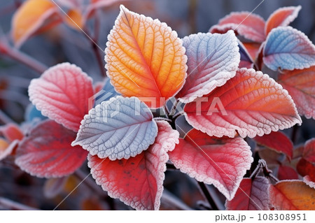 Frosty autumn morning. Hoarfrost on autumn leaves 108308951