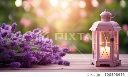 Garden table with lavender decoration and lantern 108308956