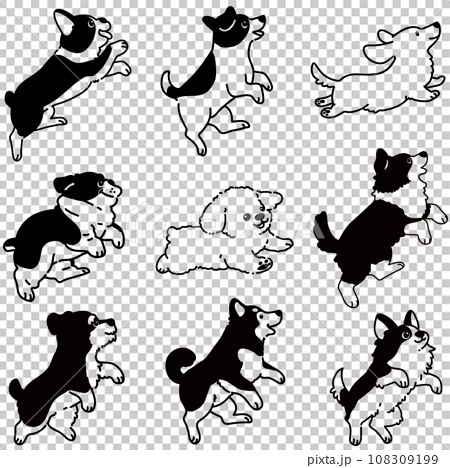 ジャンプする色々な犬の手描きのイラストセット　主線のみ白抜き 108309199