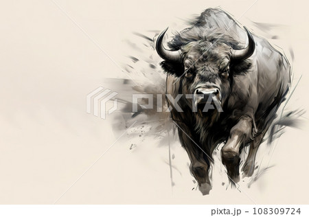 Painting of a wild buffalo on clean background. Wildlife Animals. 108309724